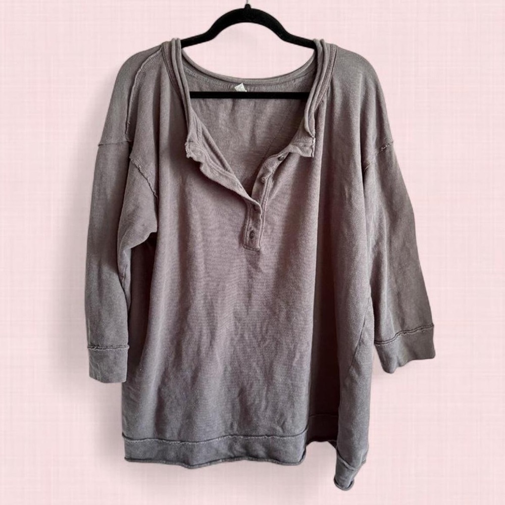 Intimately Free People XS Oversized 100% Cotton Slub Henley Raw Edge Gray Top